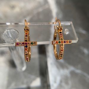 18k gold filled cross rainbow mini hoops 😍